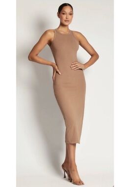 MESHKI Viola Ribbed Racer Back Tank Body Dress Brown Large